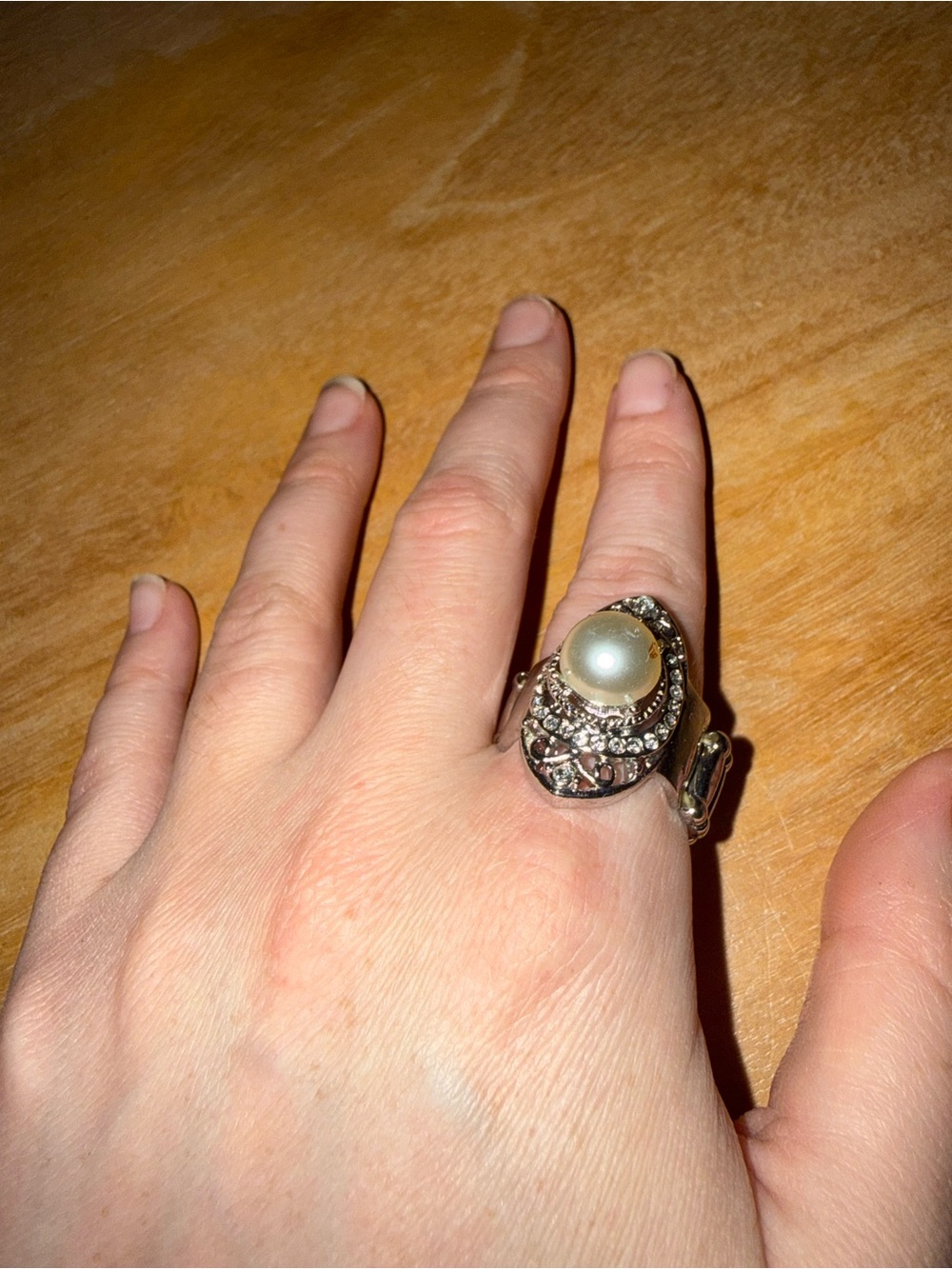 Statement Pearl and Crystal Ring - Silver Tone